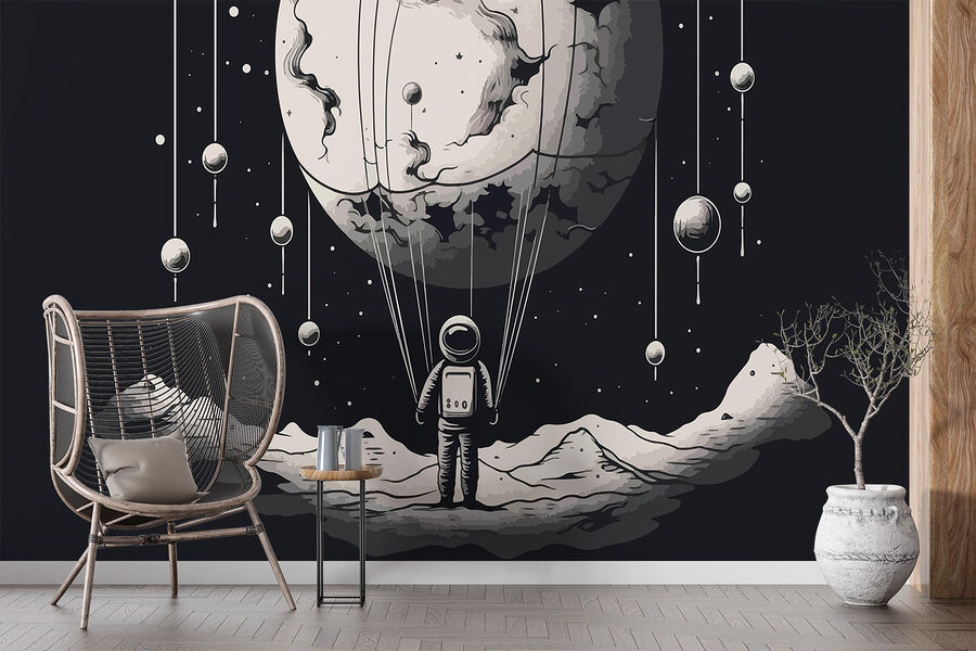 Astronaut im Weltraum mit einem Luftballon am Himmel