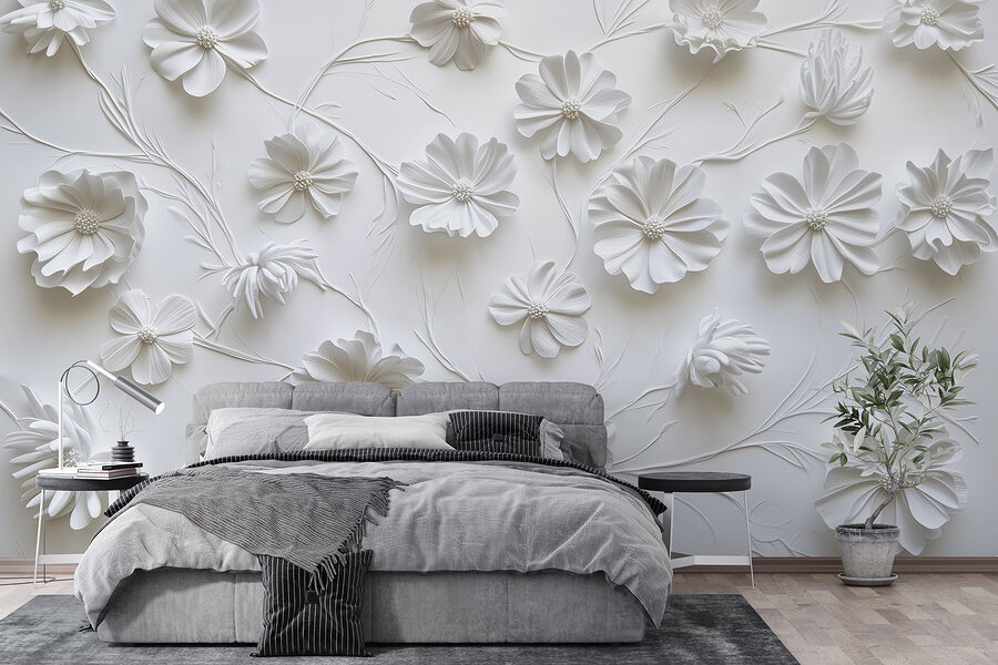 Weiße Papierblumen auf einer weißen Fläche Weiße Papierblumen auf einer weißen Fläche