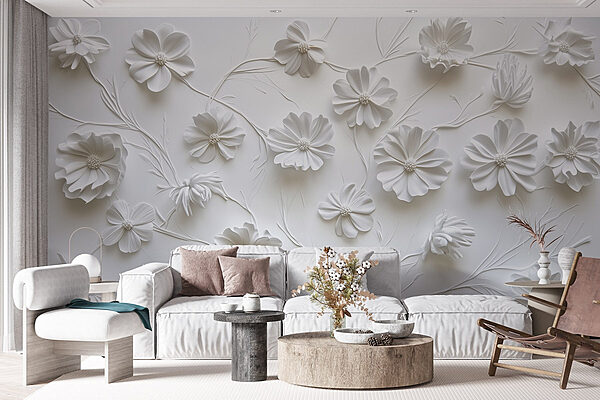 Weiße Papierblumen auf einer weißen Fläche Weiße Papierblumen auf einer weißen Fläche