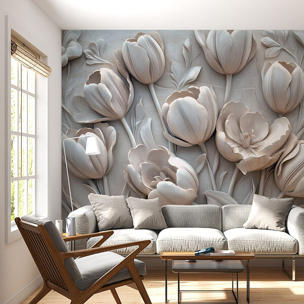 Weiße Blumenschnitzerei an einer Wand Weiße Blumenschnitzerei an einer Wand