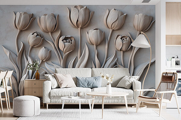 Weiße Blumenschnitzerei an einer Wand Weiße Blumenschnitzerei an einer Wand