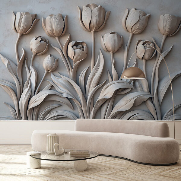 Weiße Blumenschnitzerei an einer Wand Weiße Blumenschnitzerei an einer Wand