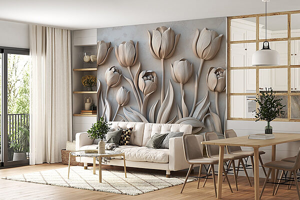 Weiße Blumenschnitzerei an einer Wand Weiße Blumenschnitzerei an einer Wand
