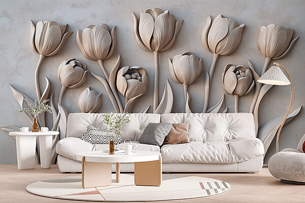 Weiße Blumenschnitzerei an einer Wand Weiße Blumenschnitzerei an einer Wand