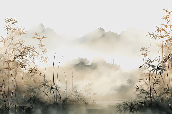 Gemälde einer Landschaft mit Pflanzen und Nebel Gemälde einer Landschaft mit Pflanzen und Nebel