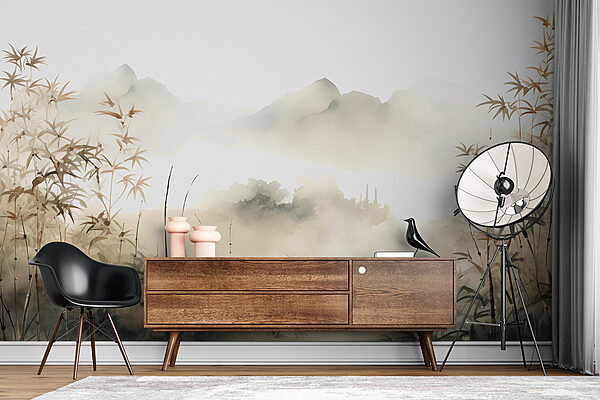 Gemälde einer Landschaft mit Pflanzen und Nebel Gemälde einer Landschaft mit Pflanzen und Nebel