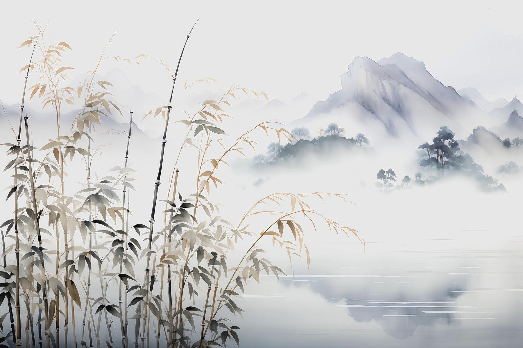 Painting of a landscape with a lake and mountains