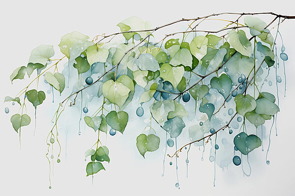 Aquarellmalerei eines Zweigs mit Blättern und blauen Beeren Aquarellmalerei eines Zweigs mit Blättern und blauen Beeren