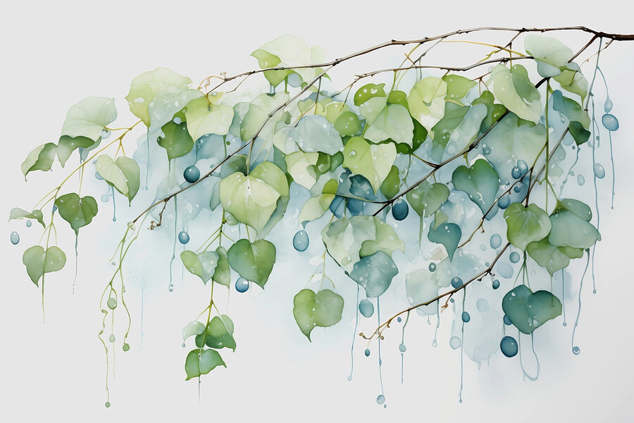 Aquarellmalerei eines Zweigs mit Blättern und blauen Beeren