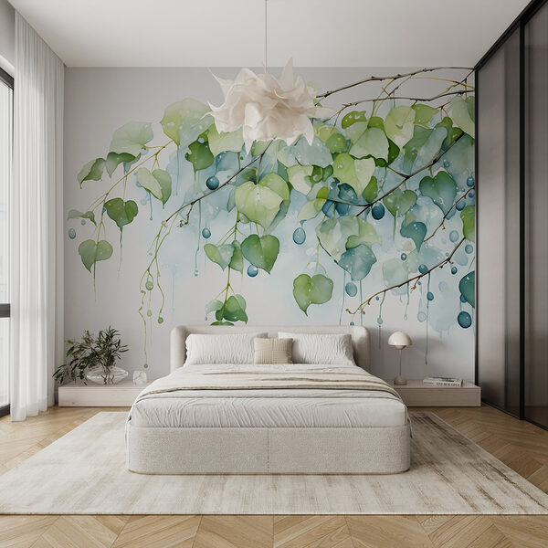 Aquarellmalerei eines Zweigs mit Blättern und blauen Beeren Aquarellmalerei eines Zweigs mit Blättern und blauen Beeren