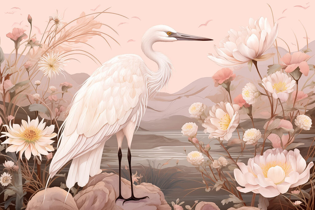 Weißer Vogel auf Felsen stehend, umgeben von Blumen Weißer Vogel auf Felsen stehend, umgeben von Blumen