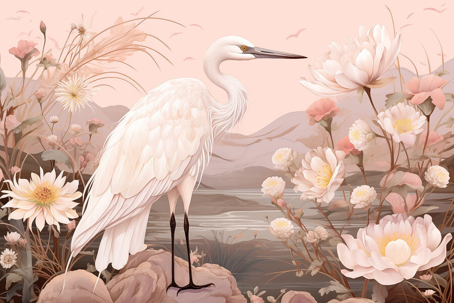 Weißer Vogel auf Felsen stehend, umgeben von Blumen