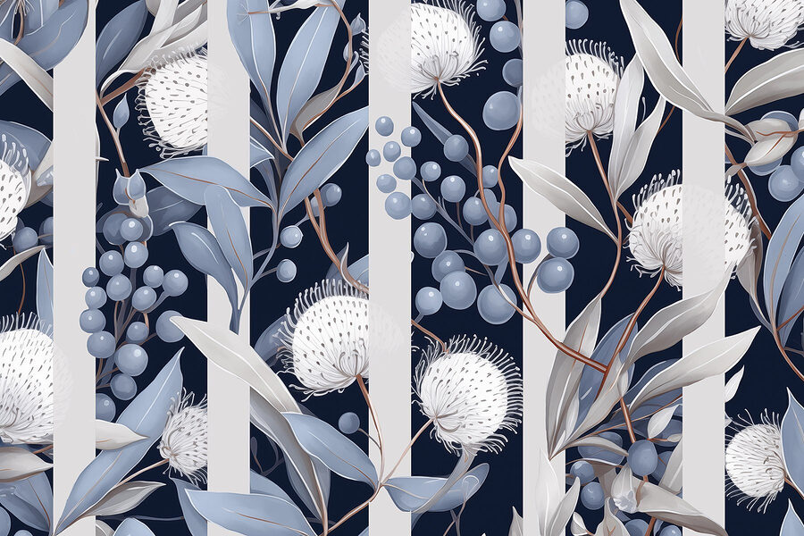 Florales Muster mit blauen und weißen Blumen und Blättern