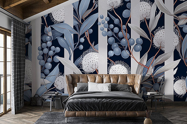 Florales Muster mit blauen und weißen Blumen und Blättern Florales Muster mit blauen und weißen Blumen und Blättern