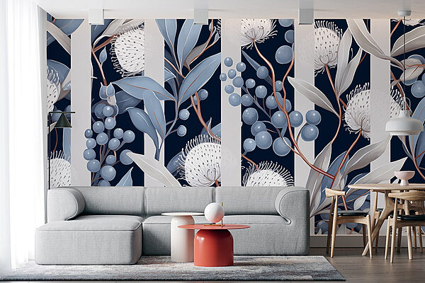Florales Muster mit blauen und weißen Blumen und Blättern Florales Muster mit blauen und weißen Blumen und Blättern