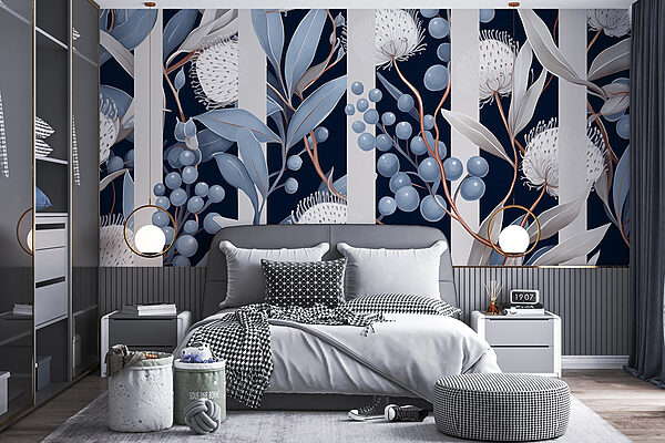 Florales Muster mit blauen und weißen Blumen und Blättern Florales Muster mit blauen und weißen Blumen und Blättern