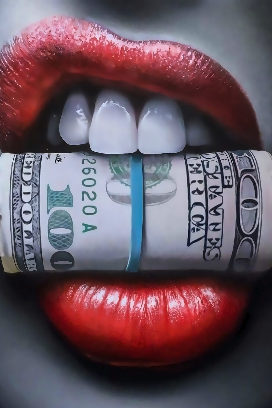 Close up of a woman's mouth with a rolled up dollar bill Close up of a woman's mouth with a rolled up dollar bill