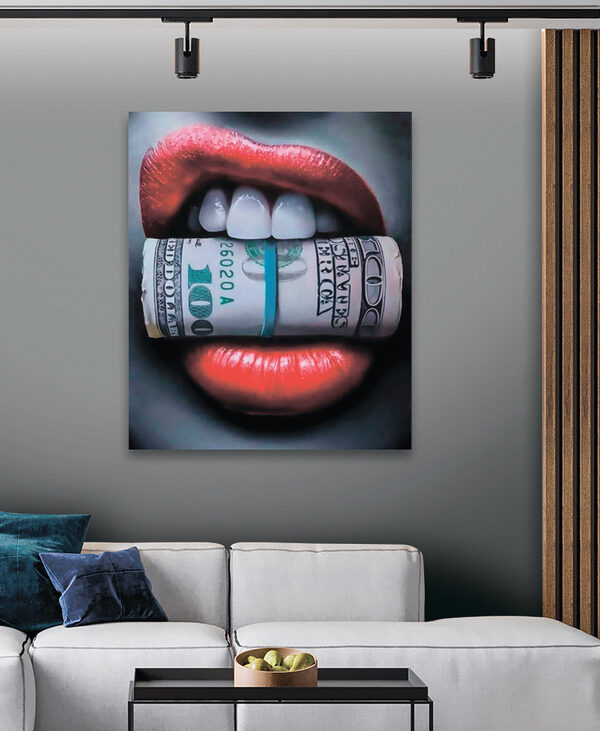 Close up of a woman's mouth with a rolled up dollar bill Close up of a woman's mouth with a rolled up dollar bill