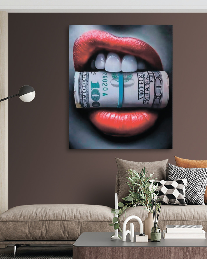 Close up of a woman's mouth with a rolled up dollar bill Close up of a woman's mouth with a rolled up dollar bill
