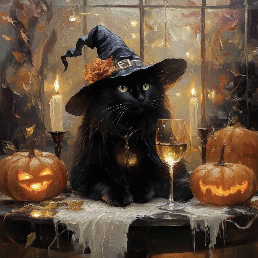 Katze mit Hut und einem Glas Wein