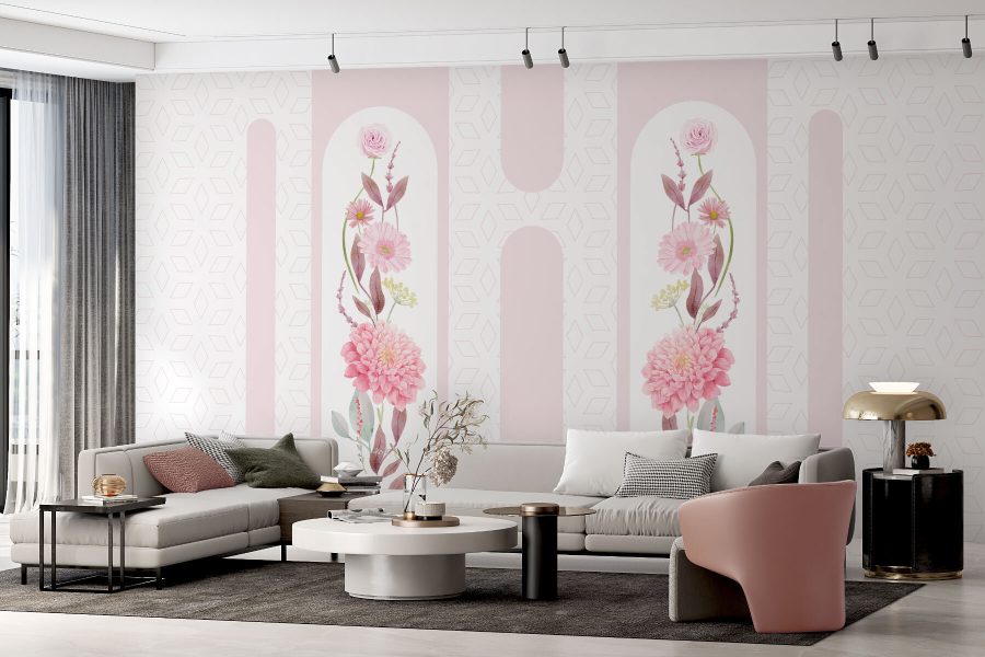 Rosa Blumen und Blätter auf einem weißen Hintergrund