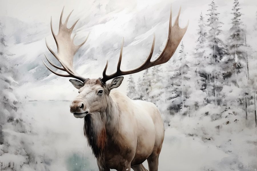 Elch mit großem Geweih in einem verschneiten Wald stehend