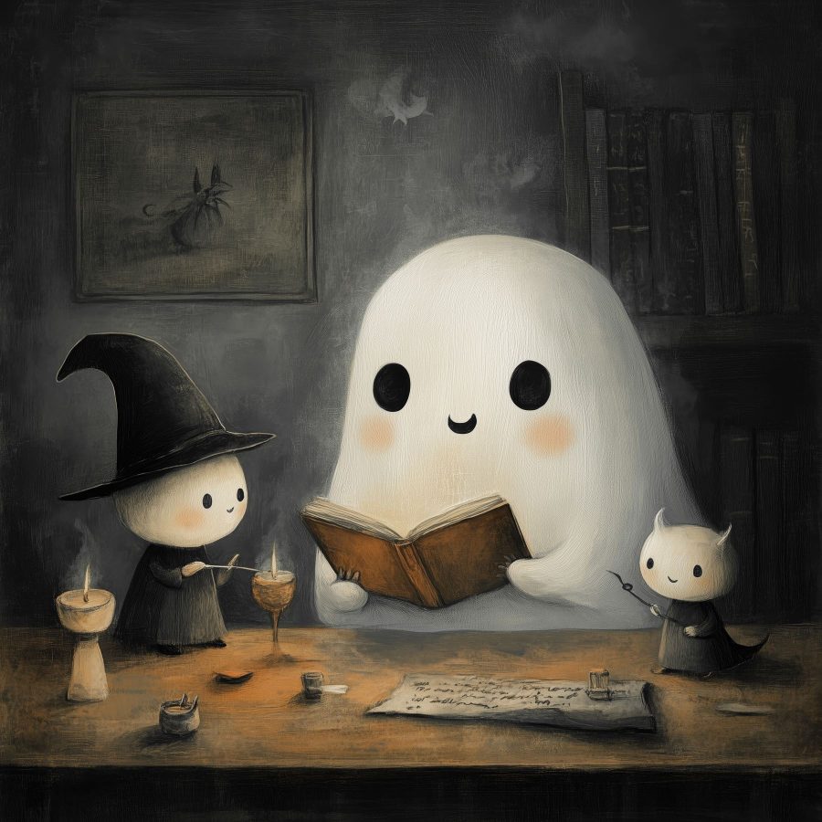 Ein Geist liest ein Buch mit zwei kleinen Menschen Ein Geist liest ein Buch mit zwei kleinen Menschen