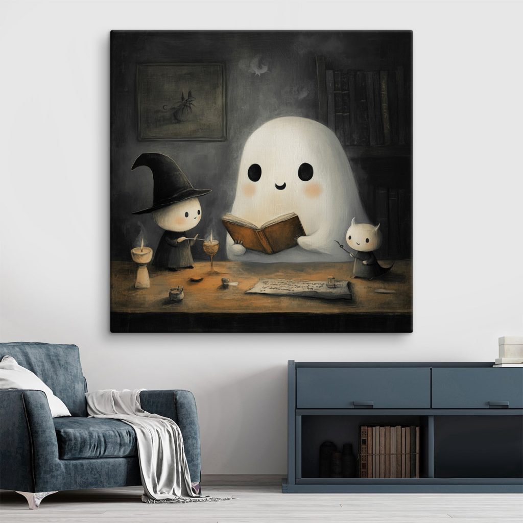 Ghost reading a book with two little people