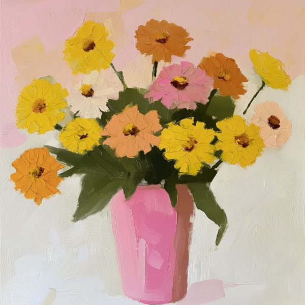 Gemälde mit Blumen in einer rosa Vase Gemälde mit Blumen in einer rosa Vase