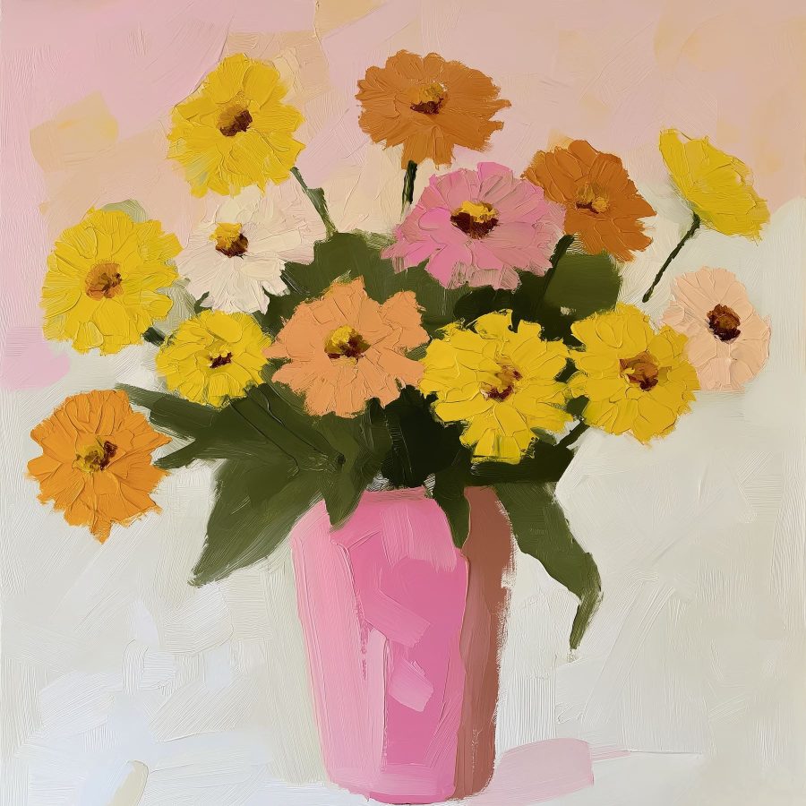 Gemälde mit Blumen in einer rosa Vase Gemälde mit Blumen in einer rosa Vase