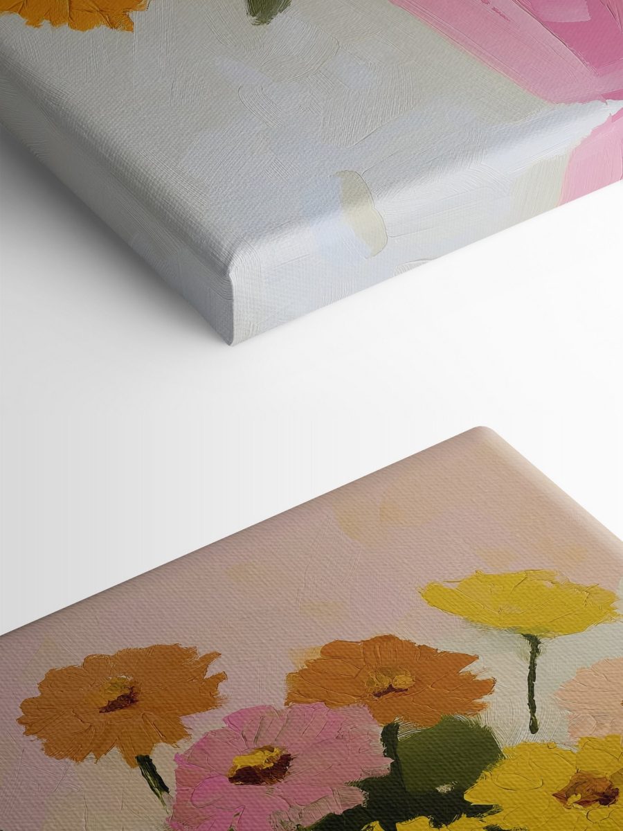 Gemälde mit Blumen in einer rosa Vase Gemälde mit Blumen in einer rosa Vase