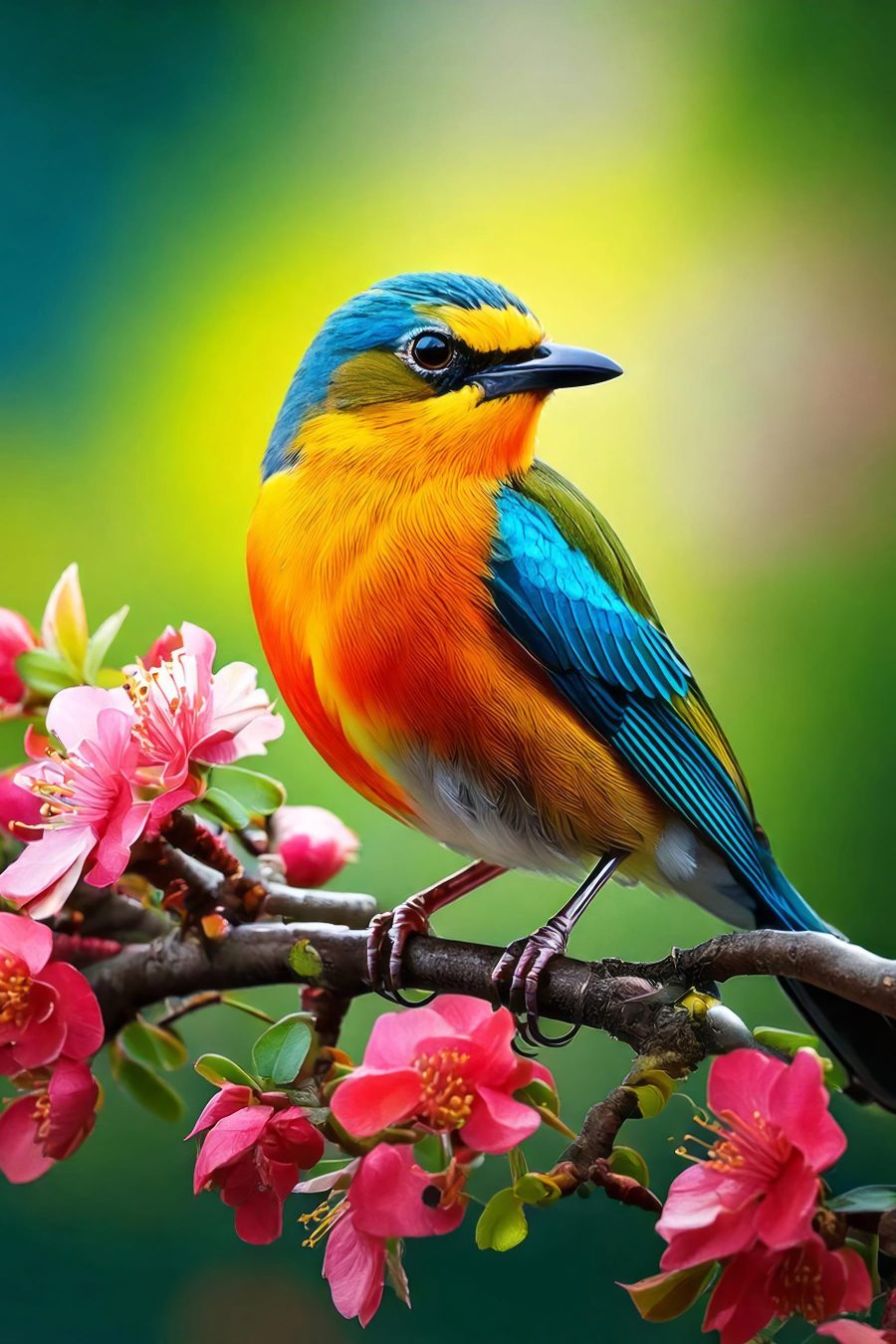 Bunter Vogel auf einem Zweig mit rosa Blumen
