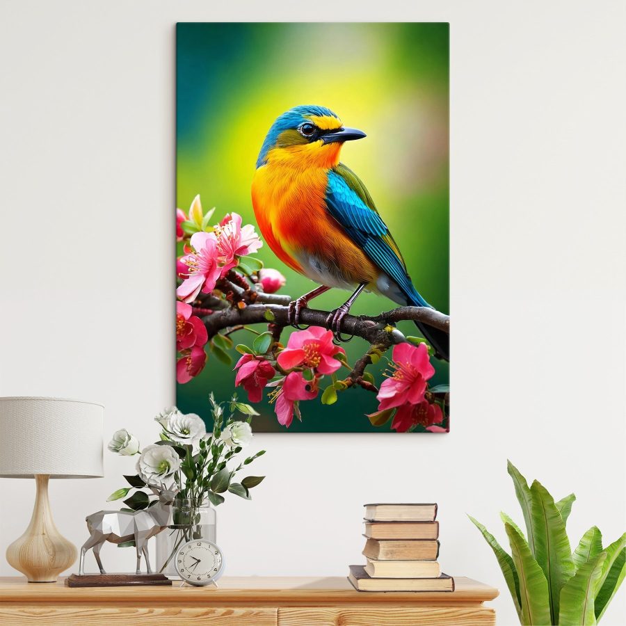 Bunter Vogel auf einem Zweig mit rosa Blumen