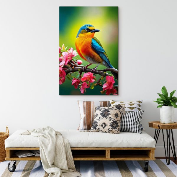 Bunter Vogel auf einem Zweig mit rosa Blumen Bunter Vogel auf einem Zweig mit rosa Blumen