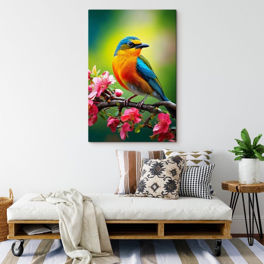 Bunter Vogel auf einem Zweig mit rosa Blumen