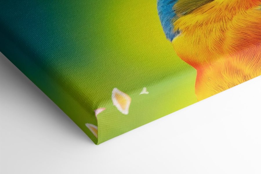 Bunter Vogel auf einem Zweig mit rosa Blumen