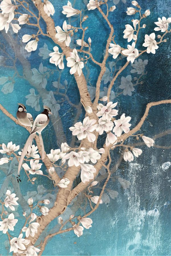 Baum mit weißen Blumen und Vögeln Baum mit weißen Blumen und Vögeln
