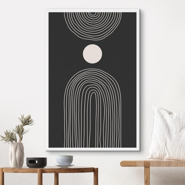 Schwarz-weißes Poster mit einem weißen Kreis und einem schwarz-weißen Regenbogen Schwarz-weißes Poster mit einem weißen Kreis und einem schwarz-weißen Regenbogen