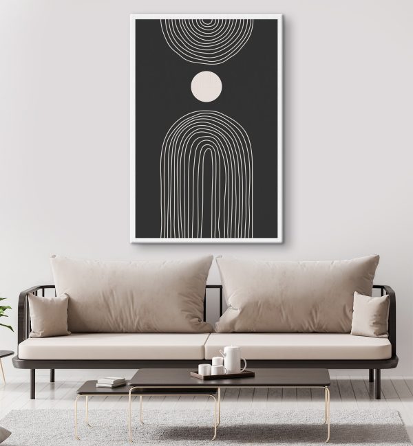 Schwarz-weißes Poster mit einem weißen Kreis und einem schwarz-weißen Regenbogen Schwarz-weißes Poster mit einem weißen Kreis und einem schwarz-weißen Regenbogen