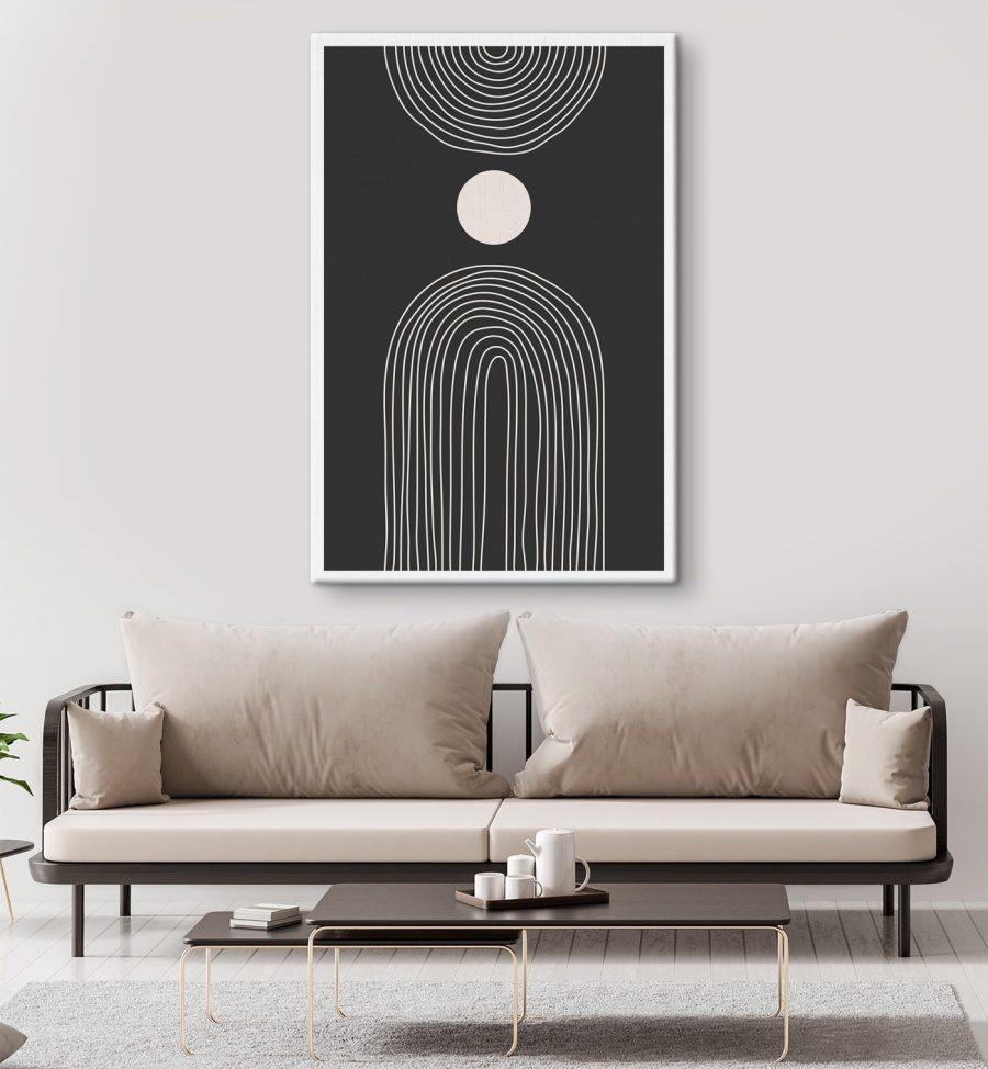 Schwarz-weißes Poster mit einem weißen Kreis und einem schwarz-weißen Regenbogen