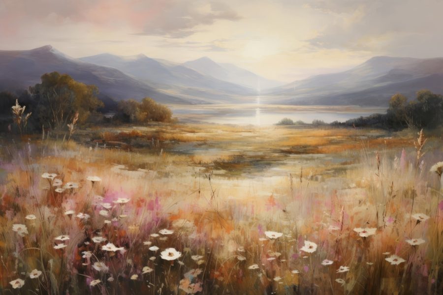 Gemälde eines Feldes mit Blumen und Bergen im Hintergrund