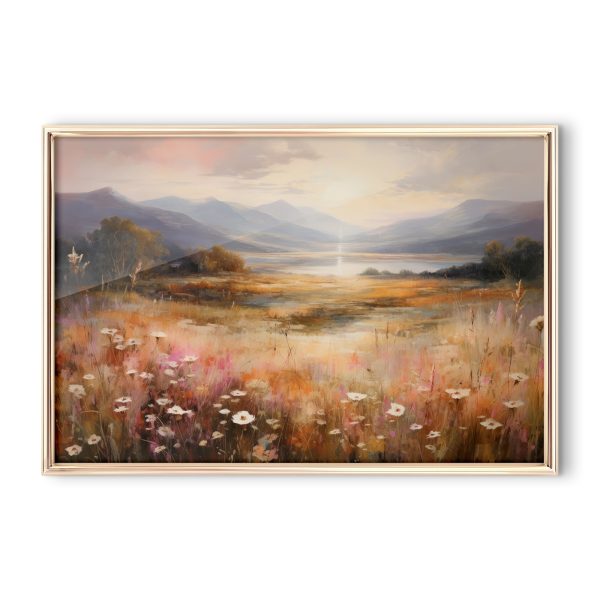Gemälde eines Feldes mit Blumen und Bergen im Hintergrund Gemälde eines Feldes mit Blumen und Bergen im Hintergrund