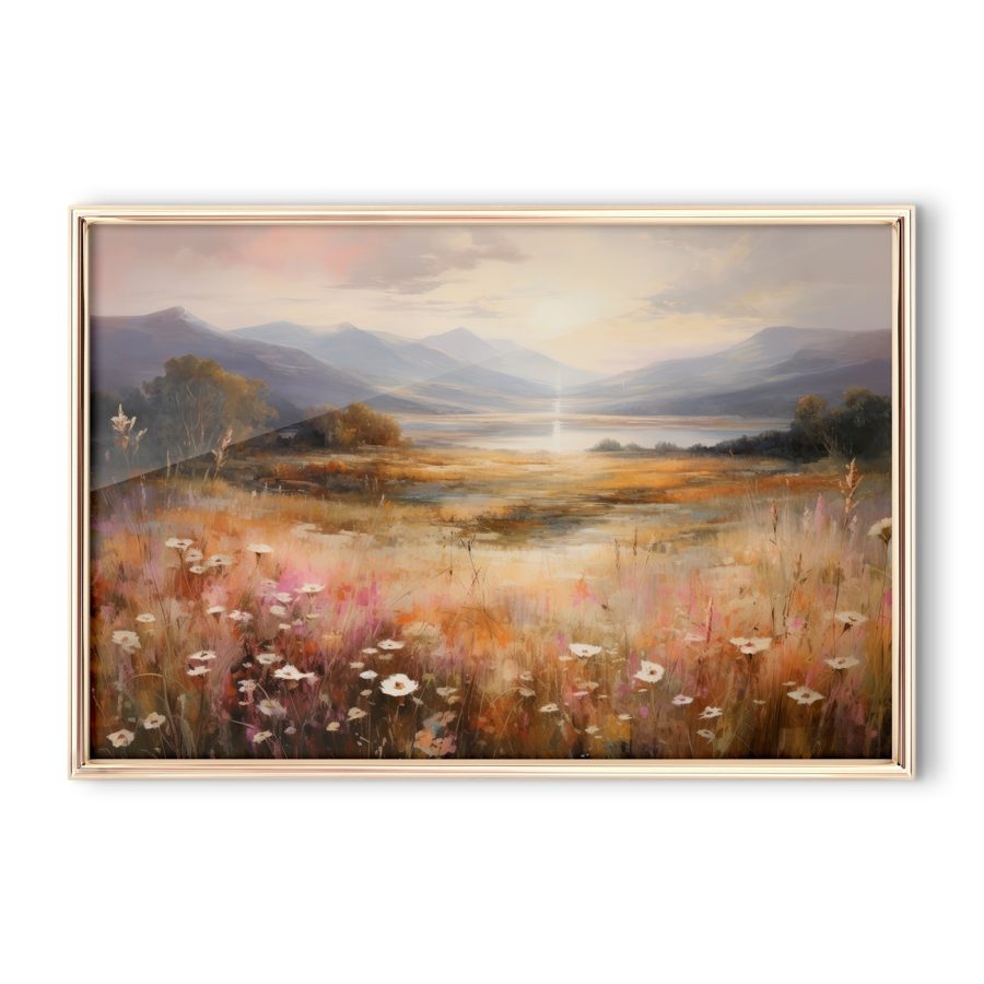 Gemälde eines Feldes mit Blumen und Bergen im Hintergrund