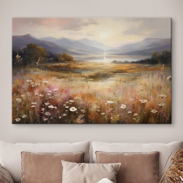 Gemälde eines Feldes mit Blumen und Bergen im Hintergrund Gemälde eines Feldes mit Blumen und Bergen im Hintergrund
