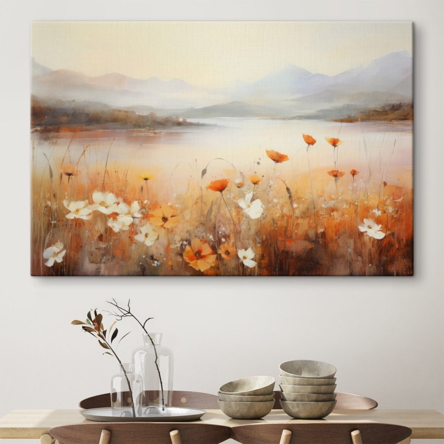 Gemälde von Blumen an einem See