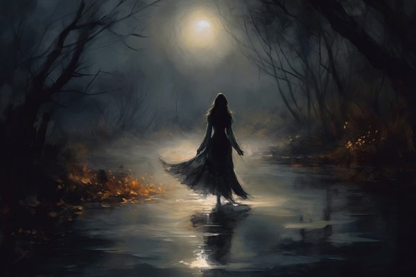Frau geht in einem dunklen Wald spazieren Frau geht in einem dunklen Wald spazieren