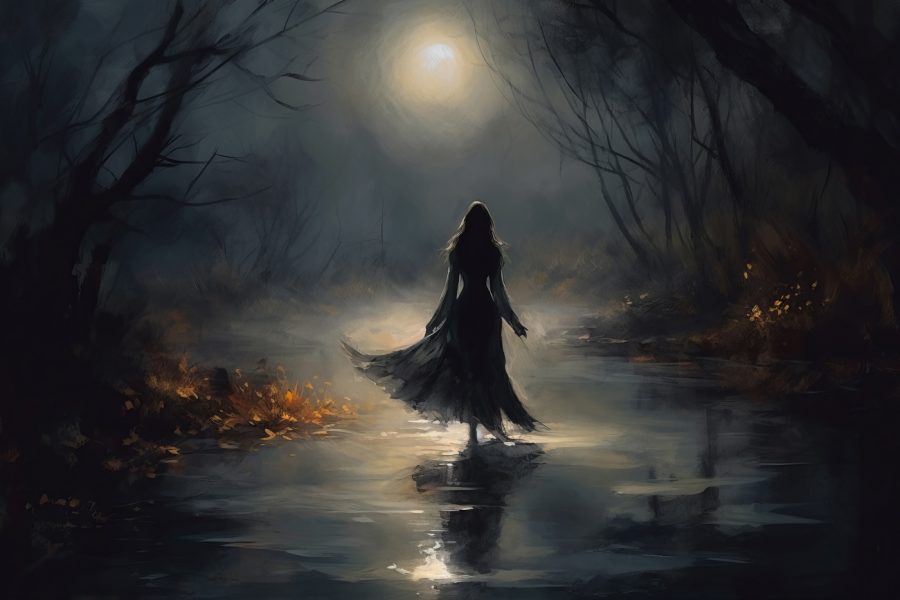 Frau geht in einem dunklen Wald spazieren