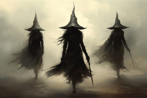 Gruppe von Frauen in schwarzen Gewändern und Hüten geht im Nebel Gruppe von Frauen in schwarzen Gewändern und Hüten geht im Nebel