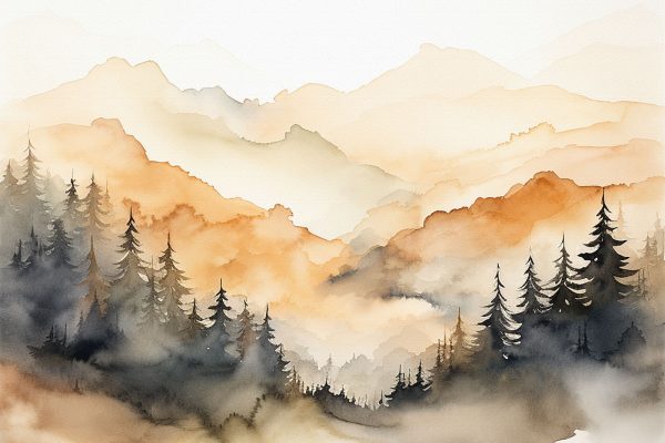 Aquarellmalerei von Bäumen und Bergen Aquarellmalerei von Bäumen und Bergen
