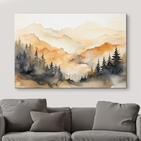 Aquarellmalerei von Bäumen und Bergen Aquarellmalerei von Bäumen und Bergen